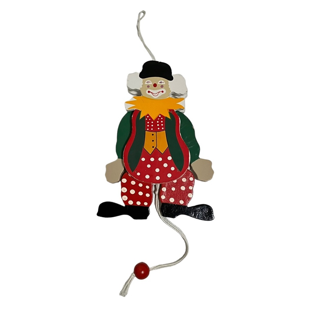 Vintage Wooden Clown Pull String Toy Christmas Ornament